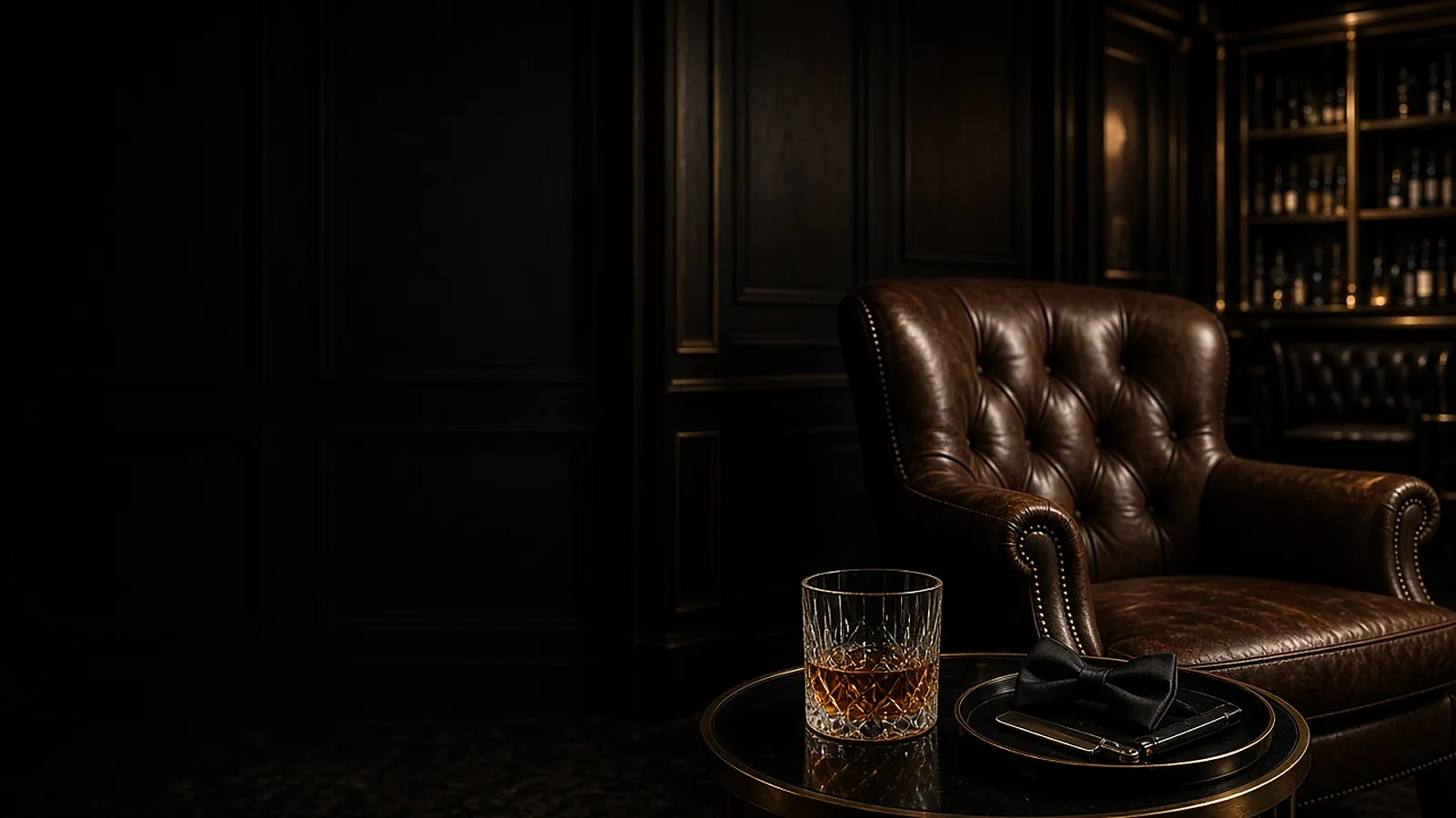 A gentleman’s lounge with a leather chair, whiskey and a bowtie